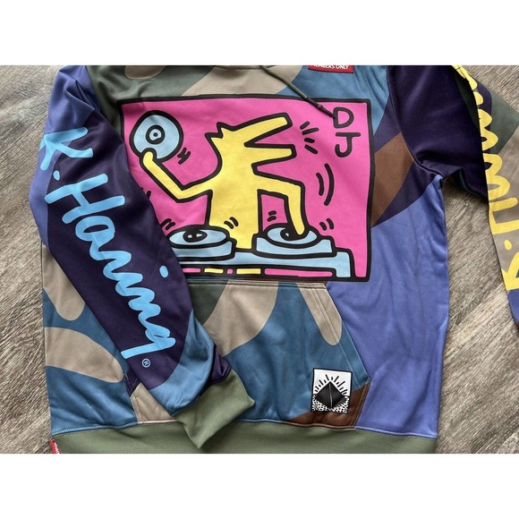 Keith Haring X Members Graffiti Art Sketch Graphic Hoodie DJ Camo Colorful sz M - Picture 3 of 4